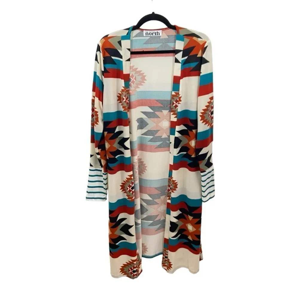 Ladies One Eleven‎ North Brand Aztec Print Long Duster Open Front Sweater Medium